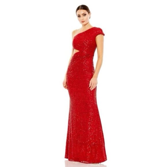 New Mac Duggal Size 0 Red 42022 Sequined One Shoulder Cut Out Gown Dress $398 - Picture 2 of 12